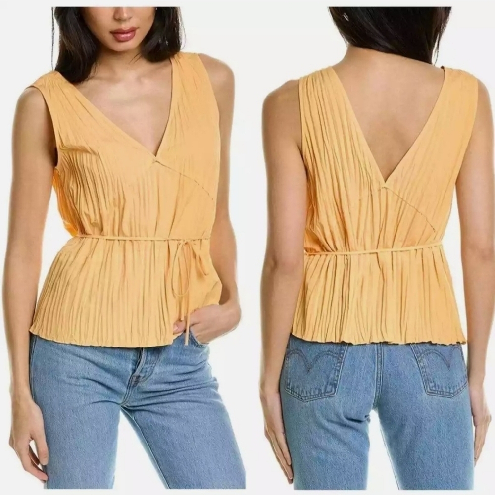 Vince Sun Orange Pleated V-Neck Tie Waist Peplum Top Large NEW